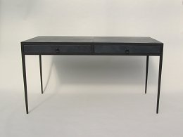 Writing table. Patined iron frame, with leather sides and inset, 2 drawers.