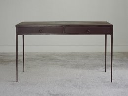 Writing table. Patined iron frame, with leather sides and inset, 2 drawers. In dark brown and black